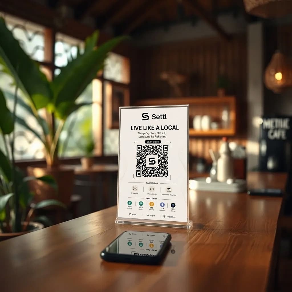 Stiker QR Settl berdiri di meja kasir sebuah kafe